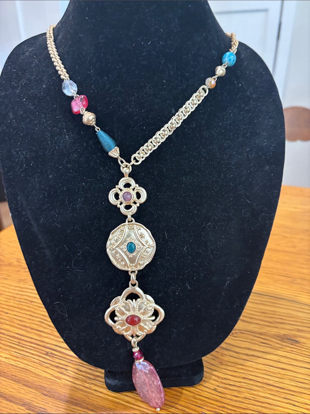 Chico’s Gold-Tone Multicolor Pendant Necklace with Pink Drop